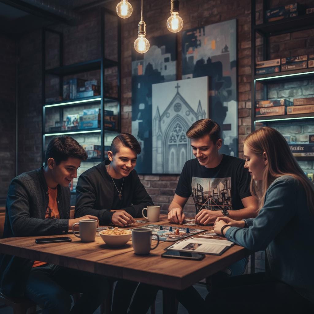 Teenagers gathered around a table playing games